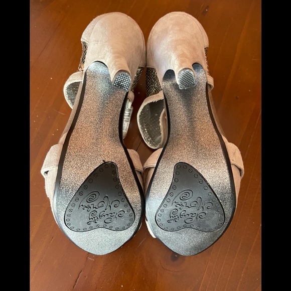 Sexy Naughty Monkey High Heel Sandals Beige Suede with Metal Mesh Ankle Wrap. - Picture 5 of 11